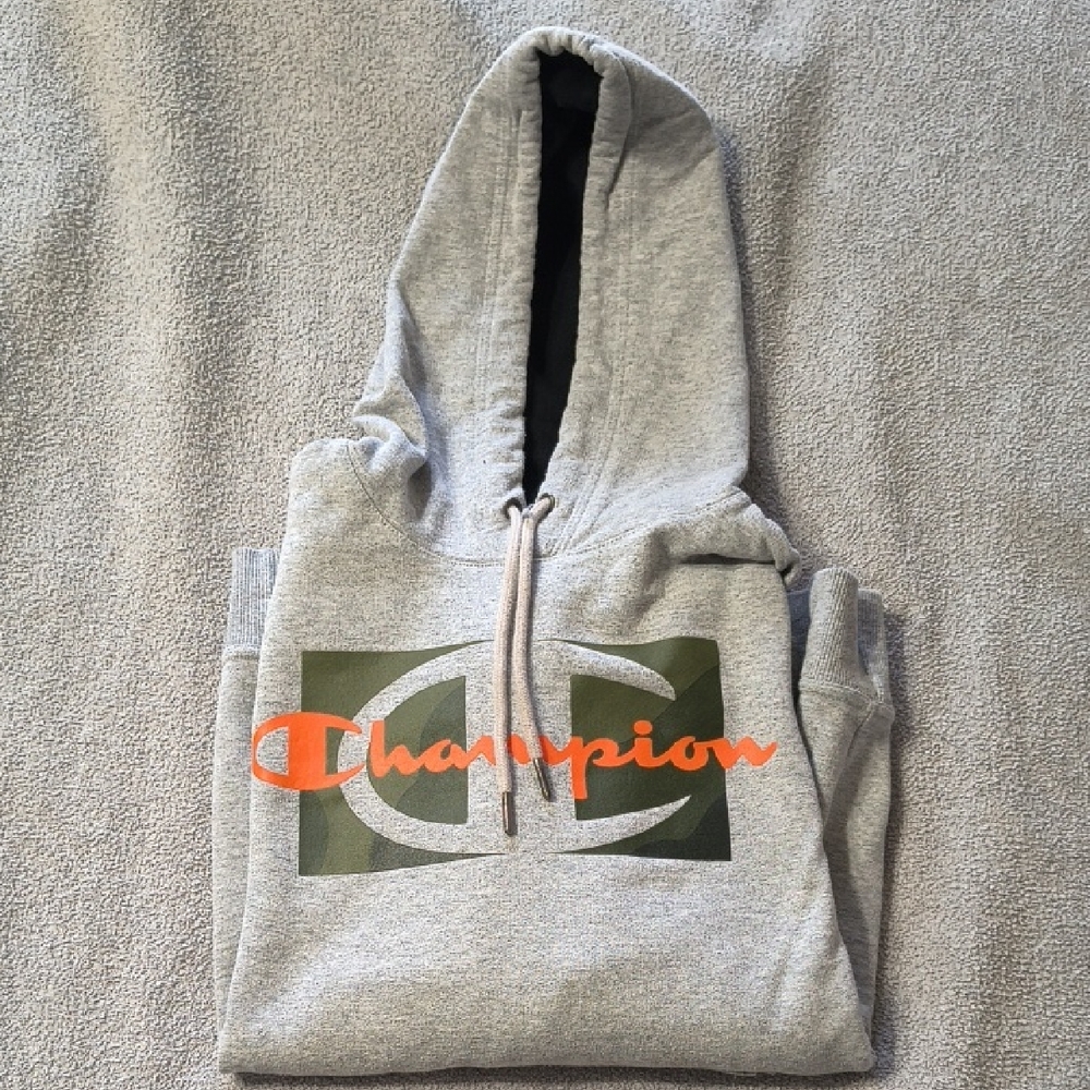 Champion Gray Hoodie with Orange and Green Accents